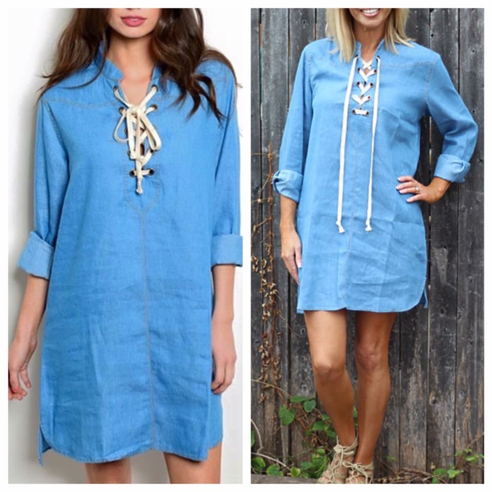 🆕💙LAST ONE! Sm(2/4) denim dress with cream lace up neckline